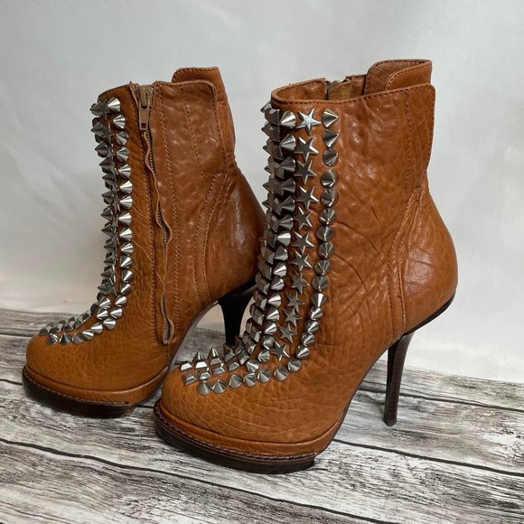 Jeffrey Campbell Handmade Leather Spike Stiletto Booties Warm Cognac Brown 6 - Picture 2 of 12